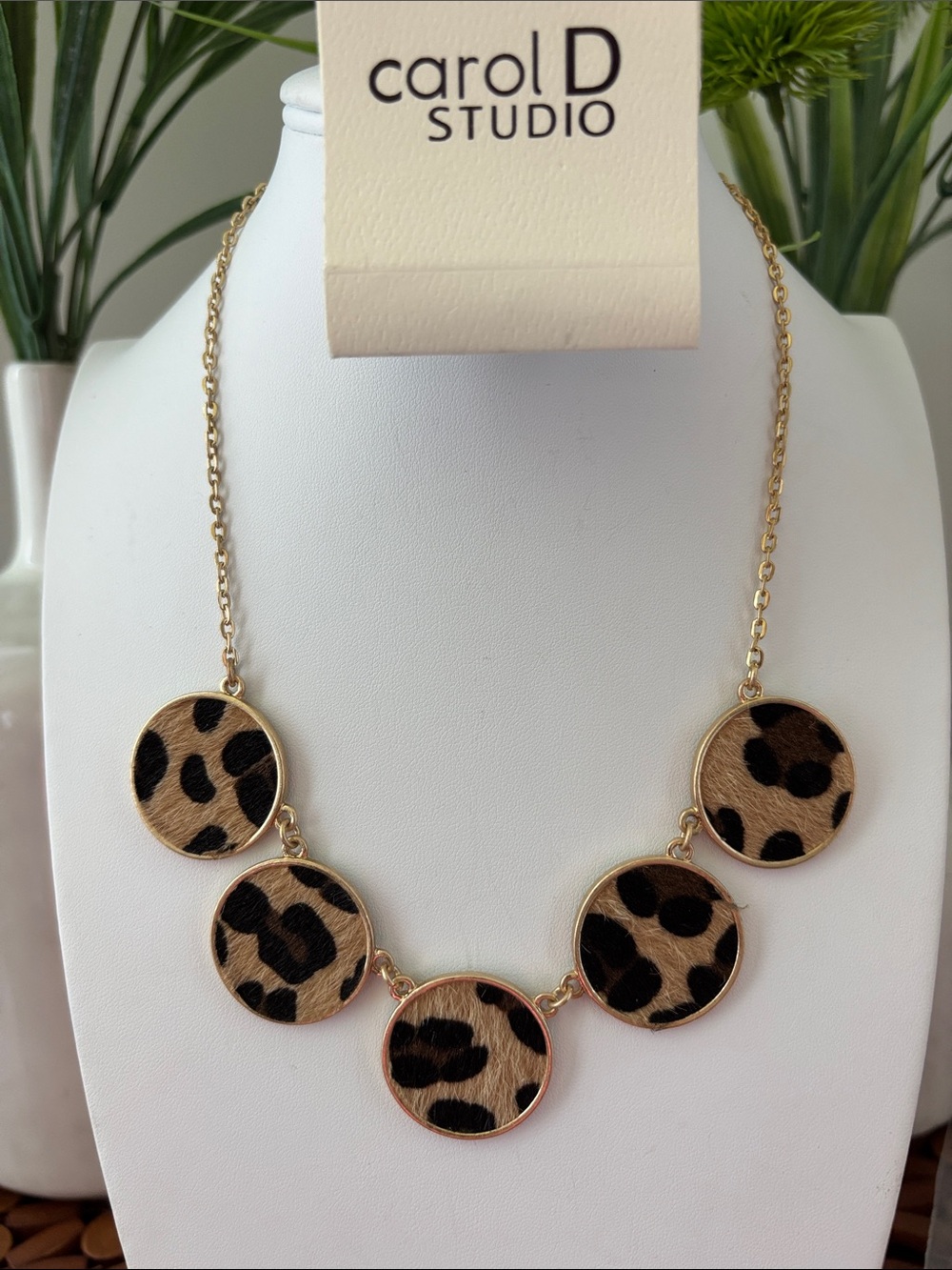 Carol D Studio Calf Hair Leopard Print  reversible goldtone circle pendant